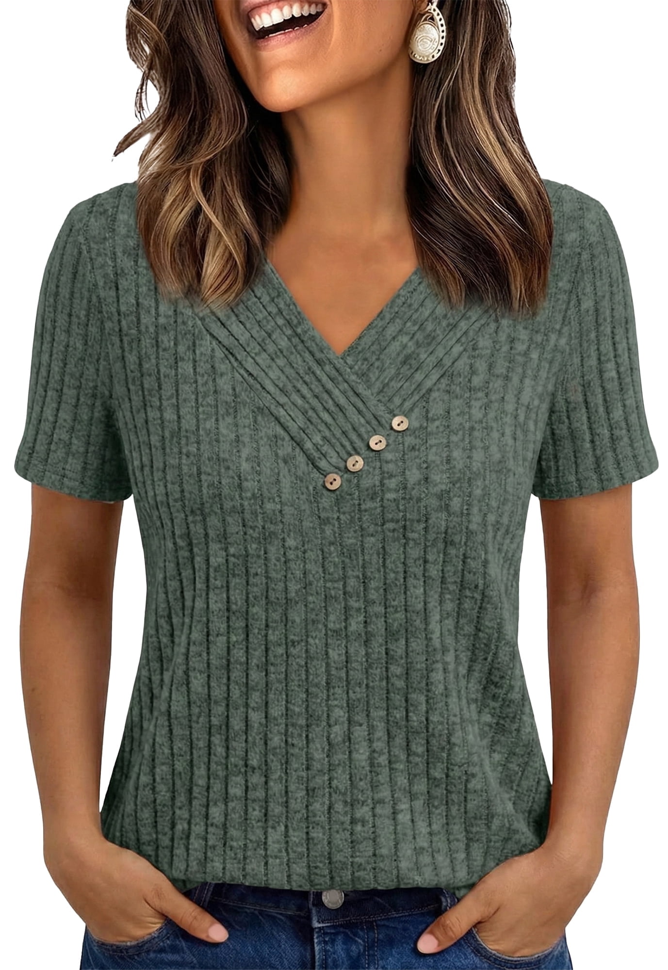 WQD Womens Summer Short Sleeve V Neck Tops Casual Tunic Shirts Button ...