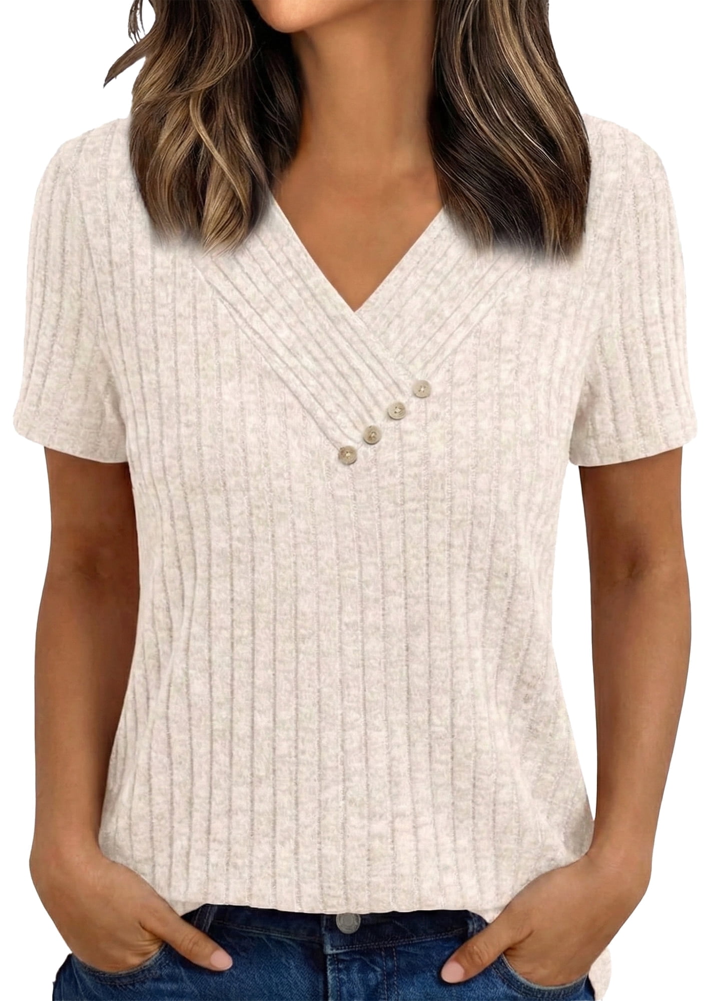 WQD Womens Summer Short Sleeve V Neck Tops Casual Tunic Shirts Button ...