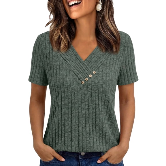 WQD Womens Summer Short Sleeve V Neck Tops Casual Tunic Shirts Button Detail Loose Fit T Shirts for Work Daily Wear Vacation
