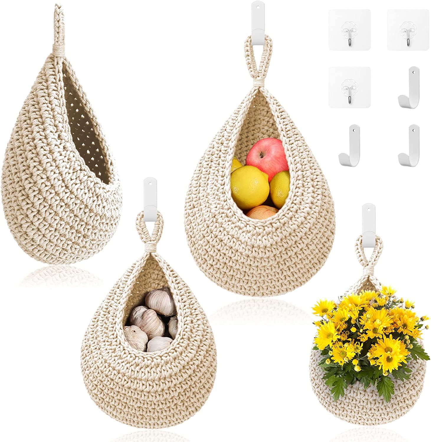WQFSTORE Hanging Fruits Baskets for Kitchen 3 Pack Boho Teardrop