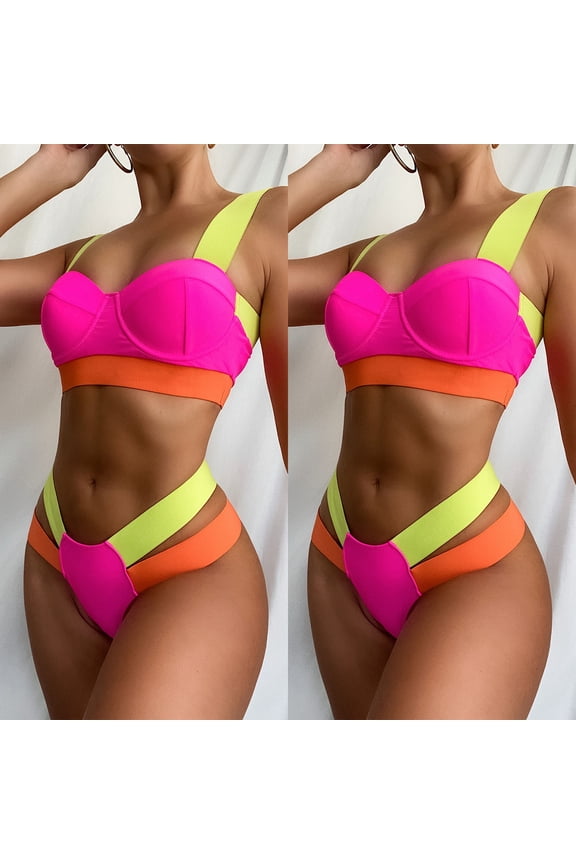 Bathing Suits for Women 2 Piece Ladies Bikini Patchwork Set Swimsuit Two Piece Filled Bra Swimwear Beachwear