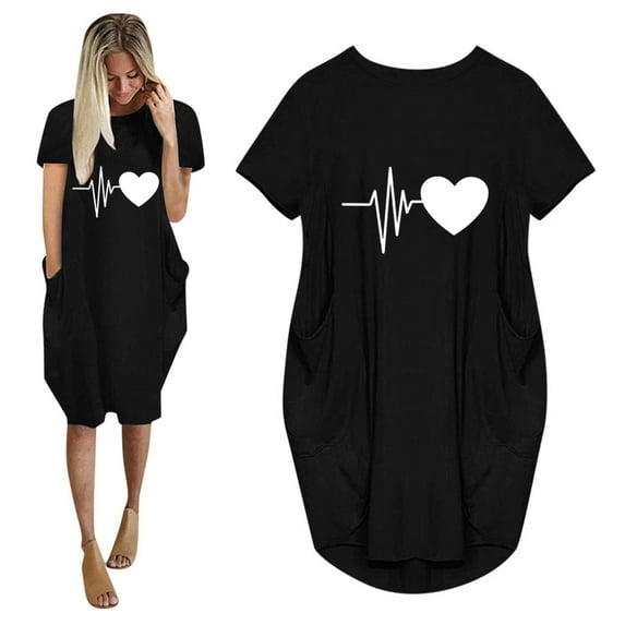 WQJNWEQ Christmas Summer Dresses On Fashion Women Loose Love Print O-Neck Pockets Casual Short Sleeves Robe