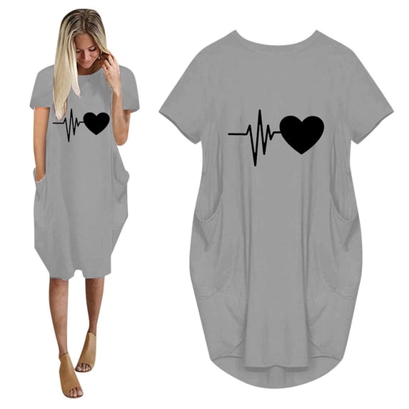 WQJNWEQ Christmas Summer Dresses On Fashion Women Loose Love Print O-Neck Pockets Casual Short Sleeves Robe