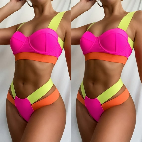 WQJNWEQ Bathing Suits for Women 2 Piece Ladies Bikini Patchwork Set Swimsuit Two Piece Filled Bra Swimwear Beachwear