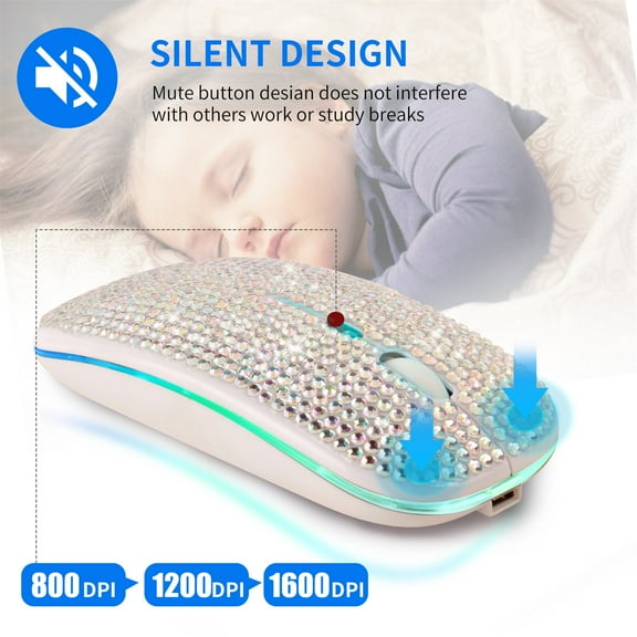 WQJNWEQ Dazzling Rechargeable 2.4GHz Ultra Thin Wireless Mouse Covered Wwith Crystal