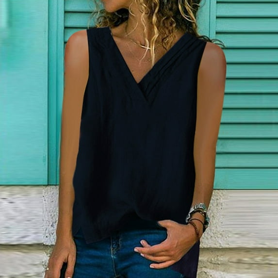 WQJNWEQ Womens Tops Woman Tank Lmitation Linen Shirt Ladies V Neck Loose Sleeveless Blouse Tee Vest Gifts for Women