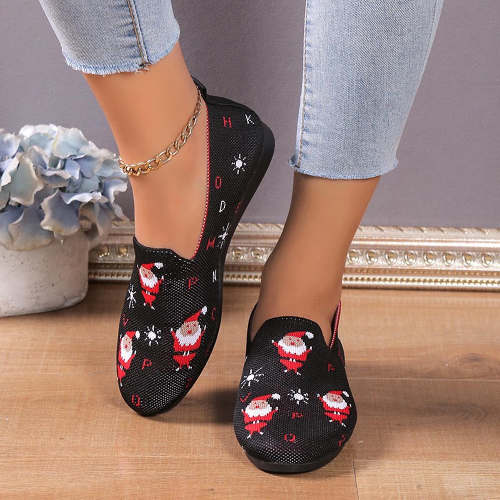 WQJNWEQ Clearance Women's Fly Woven Flat Casual Christmas Single Shoe