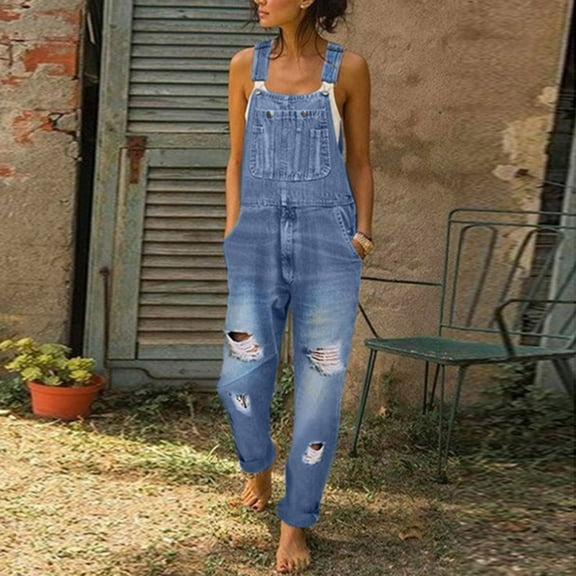 WQJNWEQ Women's Washed Bib Jeans Overalls Casual Ripped Jumpsuits Rompers