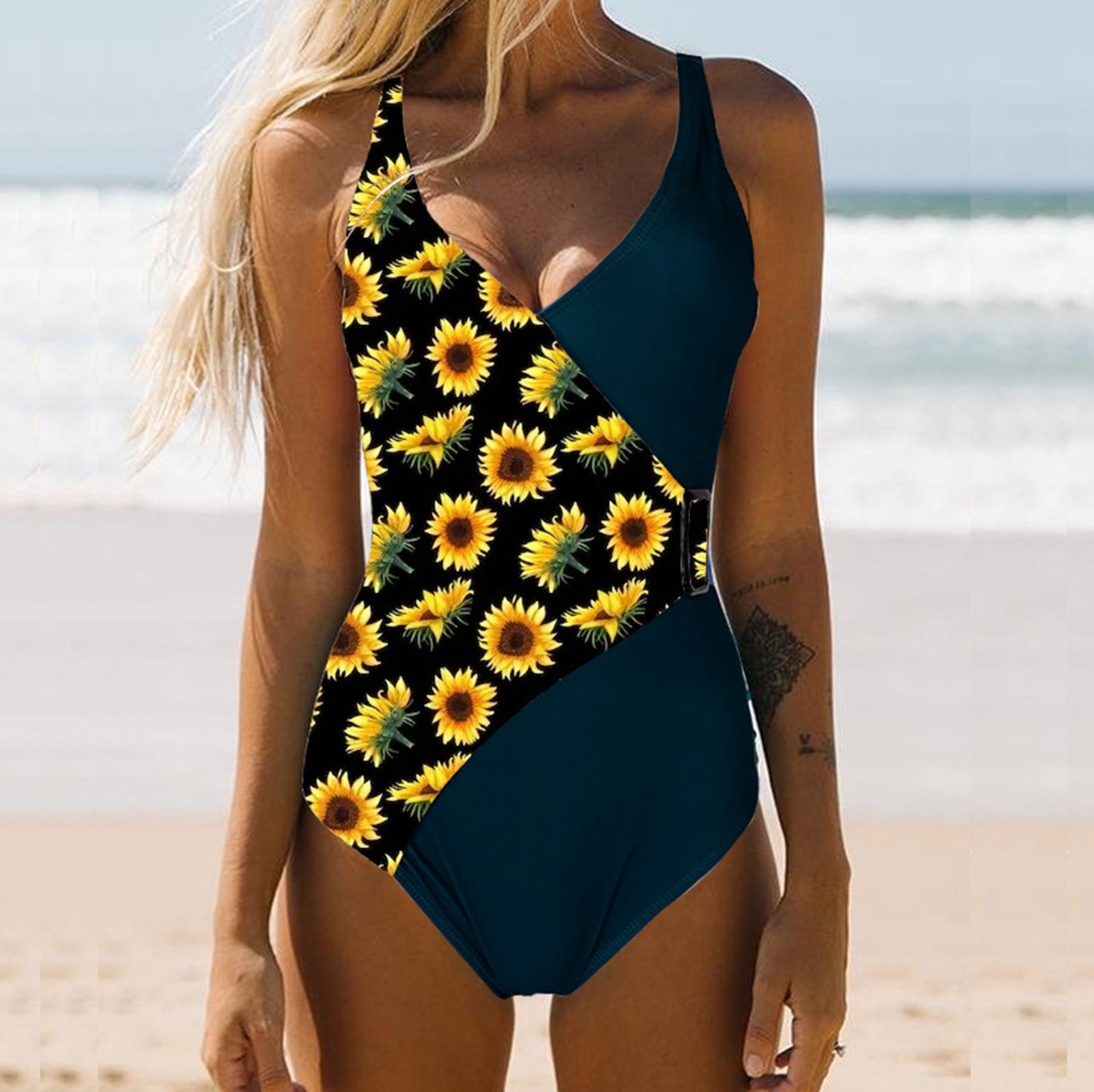 Women's Sunflower Bikini One-Piece Swimwear Backless Swimsuit Bathing Suit  