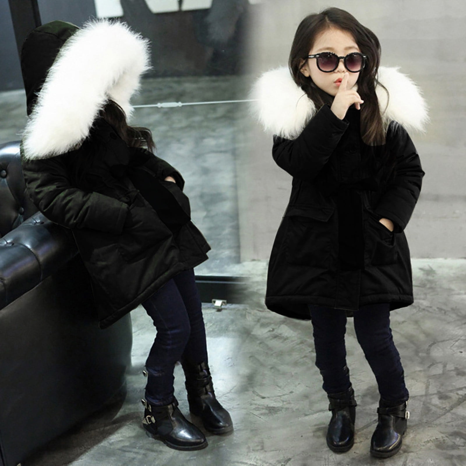 WQJNWEQ Coat Winter Girl Fur' Hooded Tops Jacket Padded Kids Long Thick ...