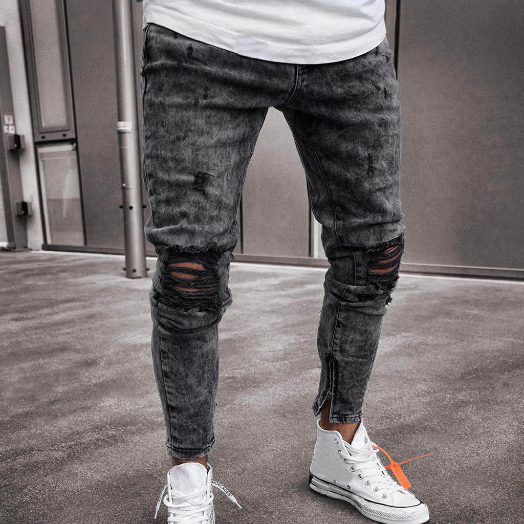WQJNWEQ College Young Adult Fashion Mens Skinny Stretch Pants Distressed Ripped Freyed Jeans