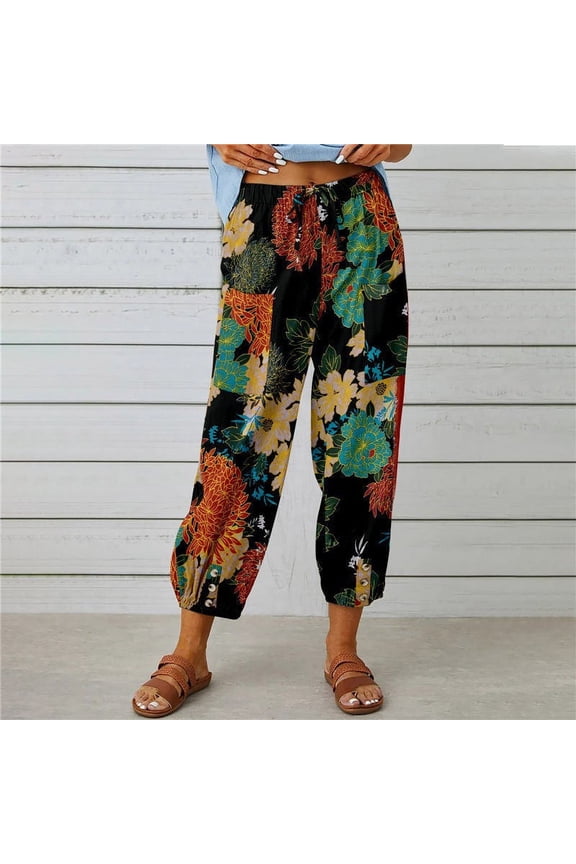 Elastic Waist Pants for Women Wide Legs Fashion Misses Summer Casual Loose Cotton and Linen Pocket Solid Jeans Pants