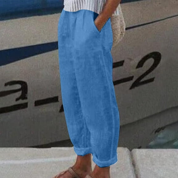 WQJNWEQ Elastic Waist Pants for Women Wide Legs Sales Fashion Misses Summer Casual Loose Cotton and Linen Pocket Solid Jeans Pants