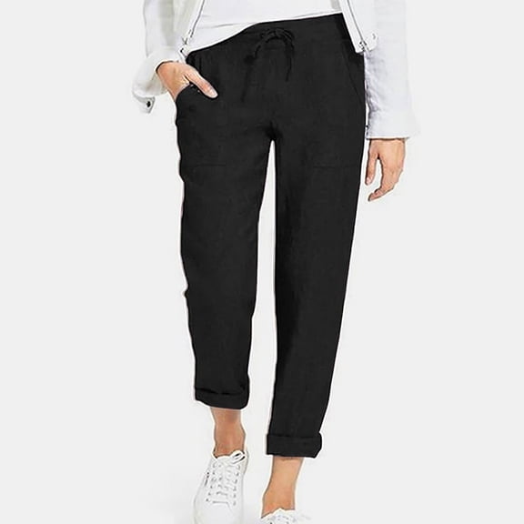 WQJNWEQ Leggings for Women Pull on Denim Capris Solid Color Drawstring High Waist Pocket Loose Large Size Cotton Casual Pants