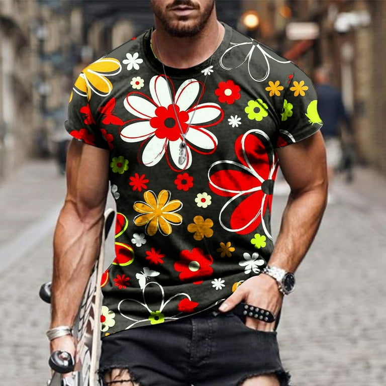 WQJNWEQ Mens Shirts Clearance Men Casual Round Neck Flower 3D Digital  Printing Pullover Fitness Sports Shorts Sleeves T Shirt Blouse 
