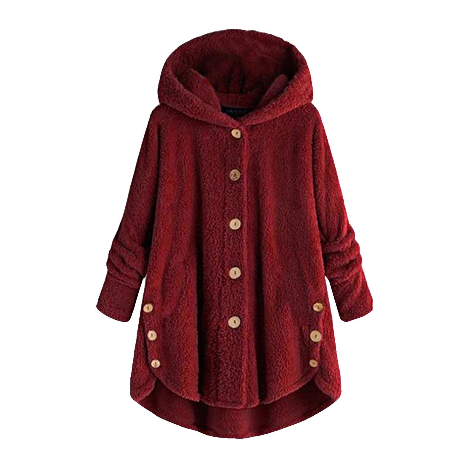 WQJNWEQ Outerwear for Women Plus Size Button Plush Hooded Loose ...