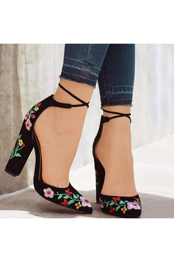 Shoes Women Ethnic Suede Embroidered Strap High Heel Chunky Sandals Fall Sale