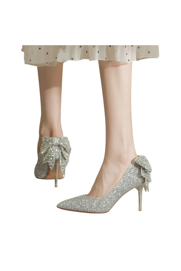 Shoes Women Pointed Slim Heel Wedding with Crystal Bow High-end Light Luxury Sequin Bridesmaid Shoes Fall Sale