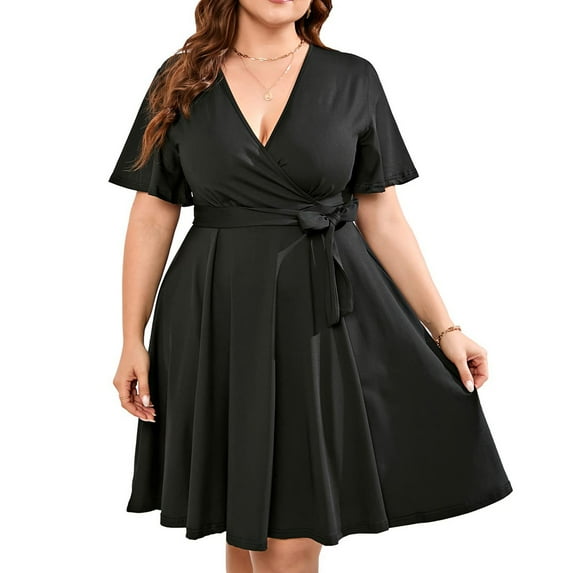 WQJNWEQ Summer Dresses for Women 2024 Dresses Casual Plus Size V-Neck Solid Short Sleeve Boho Workwear Swing Workwear Belt