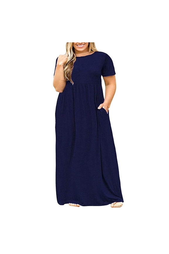 Summer Dresses for Women 2024 Plus BluePlus Size Ladies Casual O-Neck Short Sleeve Pure Loose Pocket Long Dress Cheistmas