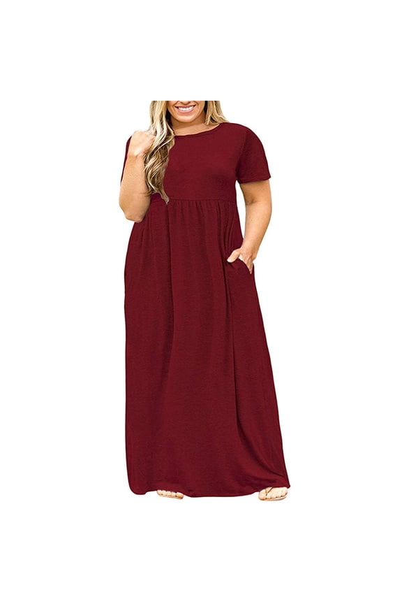 Summer Dresses for Women 2024 Plus Size Ladies Casual O-Neck Short Sleeve Pure Loose Pocket Long Dress Cheistmas