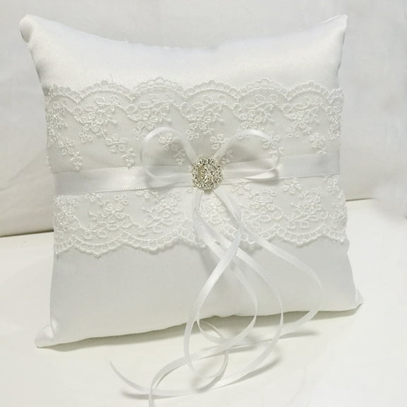 WQJNWEQ Valentines Day Gifts Jewelry Wedding Ceremony Ring Bearer Pillow Cushion with Pearl Beaded Lace Silk 18x18cm on Sale