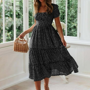 WQJNWEQ Wear to Work Dresses for Women Fashion Misses Summer Casual Square-Neck Print Short Sleeve Loose Dress