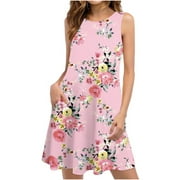 WQJNWEQ Wear to Work Dresses for Women Clearance Summer Dresses for Misses Beach Floral Tshirt Sundress Casual Pockets Boho Tank Dress