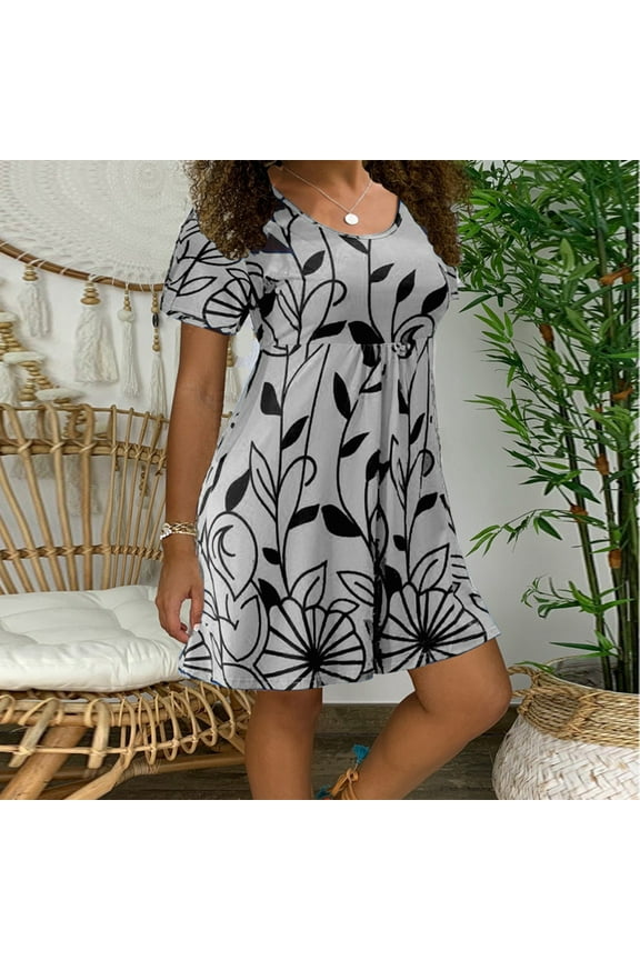 Wear to Work Dresses for Women Fashion Misses Plus Size Casual Floral Print Short Sleeves Short Dress