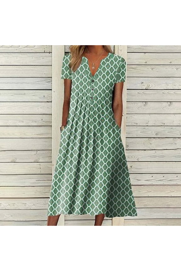 Wear to Work Dresses for Women Fashion Misses Summer Printing Causal V-Neck Button Short Sleeve Vacation Pockets Dress