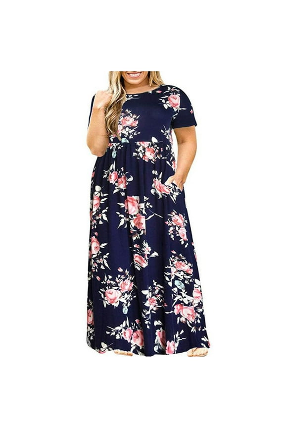 Wear to Work Plus Maxi Dresses for Women Plus Size Ladies Casual O-Neck Summer Short Sleeve Print Loose Pocket Long Dress Cheistmas