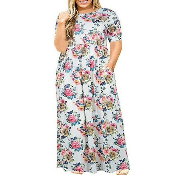 WQJNWEQ Wear to Work Plus Maxi White Dresses for Women Plus Size Ladies Casual O-Neck Summer Short Sleeve Print Loose Pocket Long Dress Cheistmas