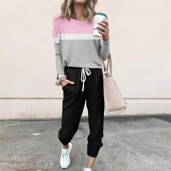 WQJNWEQ Women's Two Piece Tracksuit Set Long Sleeve Sweatsuit Jogger Workout Set Loose Two-piece Sets Solid Casual Pants Sweatsuit