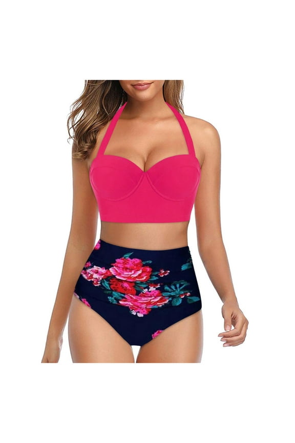 Womens Bikinis Swimsuits Women Floral Print High Waist Crop tops+Shorts Two Piece Swimwear Halterbeachwear