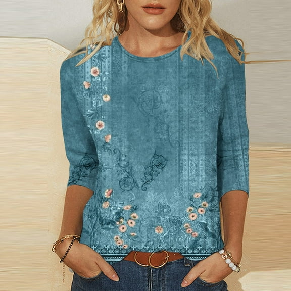 WQJNWEQ Womens Tops 3/4 Sleeve Misses Stylish Printed T-Shirt Mid-Length Blouse Crewneck Casual Summer and Fall Tops