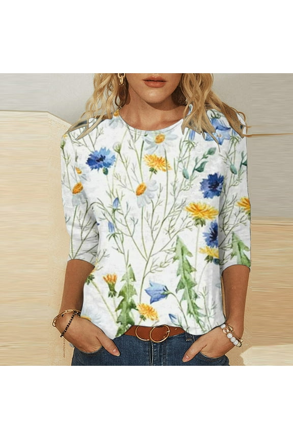 Womens Tops 3/4 Sleeve Misses Stylish Printed T-Shirt Mid-Length Blouse Crewneck Casual Summer and Fall Tops