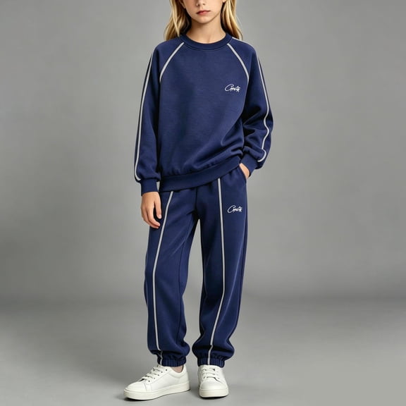 WQNVRNR Big Kids Boys Girls Matching Set- Casual Jogger Pants Long Sleeve Crewneck Sweatshirt Fall Teen Daily Outdoor Leisure Outfit Navy Size 6