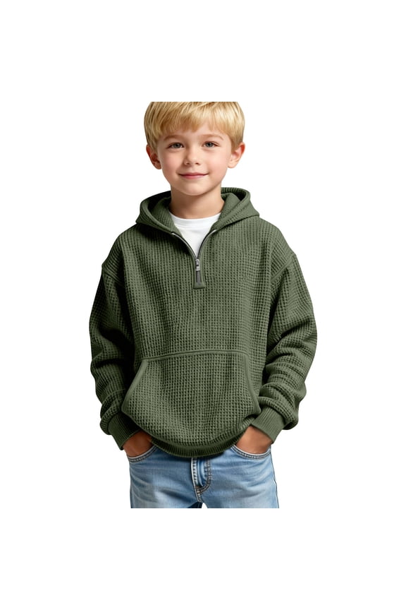 Boy's Waffle Knit Hoodie- Half Zip Spring Long Sleeve Casual Tops with Pocket Army Green Size 6