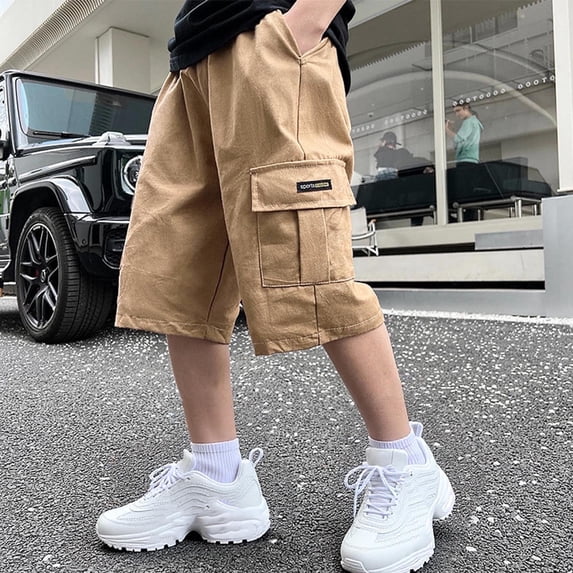 WQNVRNR Boys Cargo Shorts- Casual Soft Elastic Waist Pockets Summer Shorts Khaki Size 12 Years