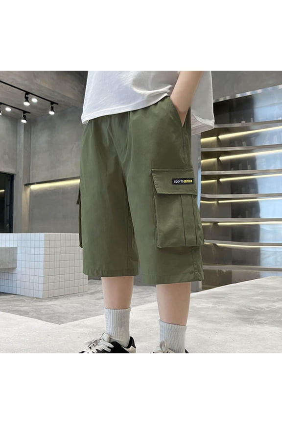 Boys Cargo Shorts- Elastic Waist Casual Pockets Soft Summer Shorts Army Green Size 12 Years