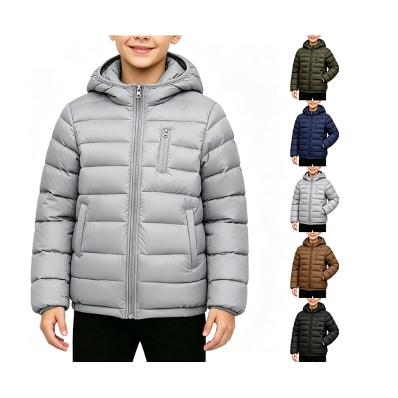 WQNVRNR Boys Puffer Jacket- Quilted Full Zip Lightweight Hooded Black Size 15 Years