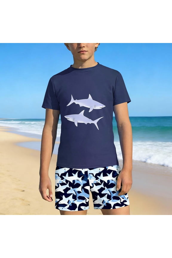 Boys Rash Guard Swim Set- Bathing Suit Trunks Quick Dry Short Sleeve Rash Guard Two-Piece Swimsuit Multicolor Size 8