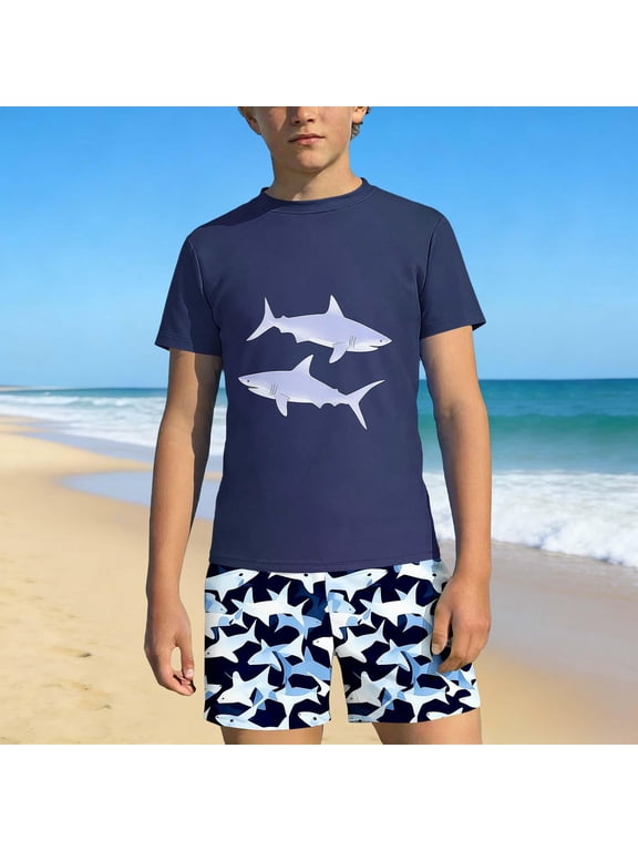 Boys Rash Guard Swim Set- Two-Piece Swimsuit Quick Dry Short Sleeve Rash Guard Bathing Suit Trunks Multicolor Size 10