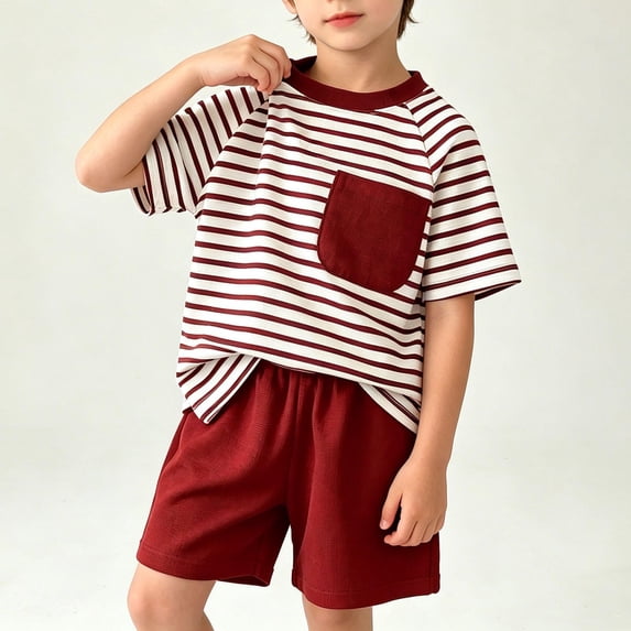WQNVRNR Boys Summer Outfits Set- Casual Summer Lightweight Striped Short Sleeve Tee Shorts Cute 2Pcs Outfits Red Size 4