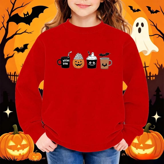 WQNVRNR Girl Halloween Sweatshirt Crew Neck Pullover Pumpkin Ghost Graphic Casual Long Sleeve Tops Shirt Red 8-9 Years