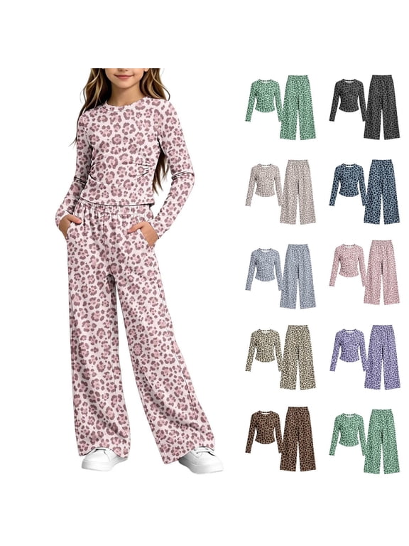 Girls 2 Piece Outfits Fall Casual Wide Leg Pants Long Sleeve Crop Top Leopard Print Pullover Outfit Sets Coffee 10