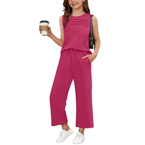 WQNVRNR Girls 2 Piece Outfits- Fashion Cute Sleeveless Tank Top Casual Loose Wide Leg Pants Matching Lounge Set with Pockets Hot Pink Size 8