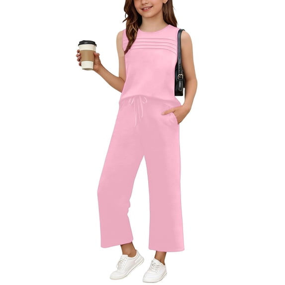 WQNVRNR Girls 2 Piece Outfits- Sleeveless Tank Top Wide Leg Pants Fashion Cute Casual Loose Matching Lounge Set with Pockets Pink Size 5