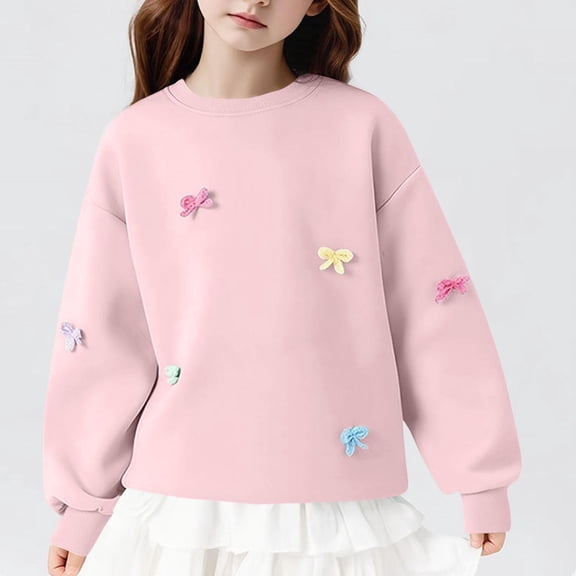 WQNVRNR Girls Bow Sweatshirt- Long Sleeve Pullover Cute Casual Round Neck Kids Spring Tops Pink Size 4