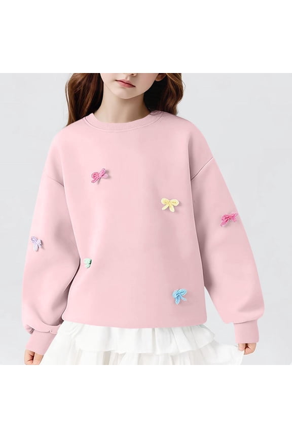 Girls Bow Sweatshirt- Long Sleeve Pullover Cute Casual Round Neck Kids Spring Tops Pink Size 4